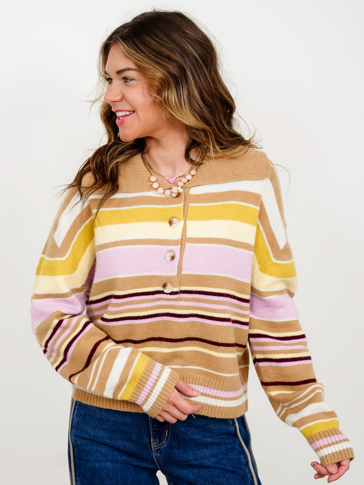 Multi Colored Stripe Collared Button Up Sweater - Freckled Poppy