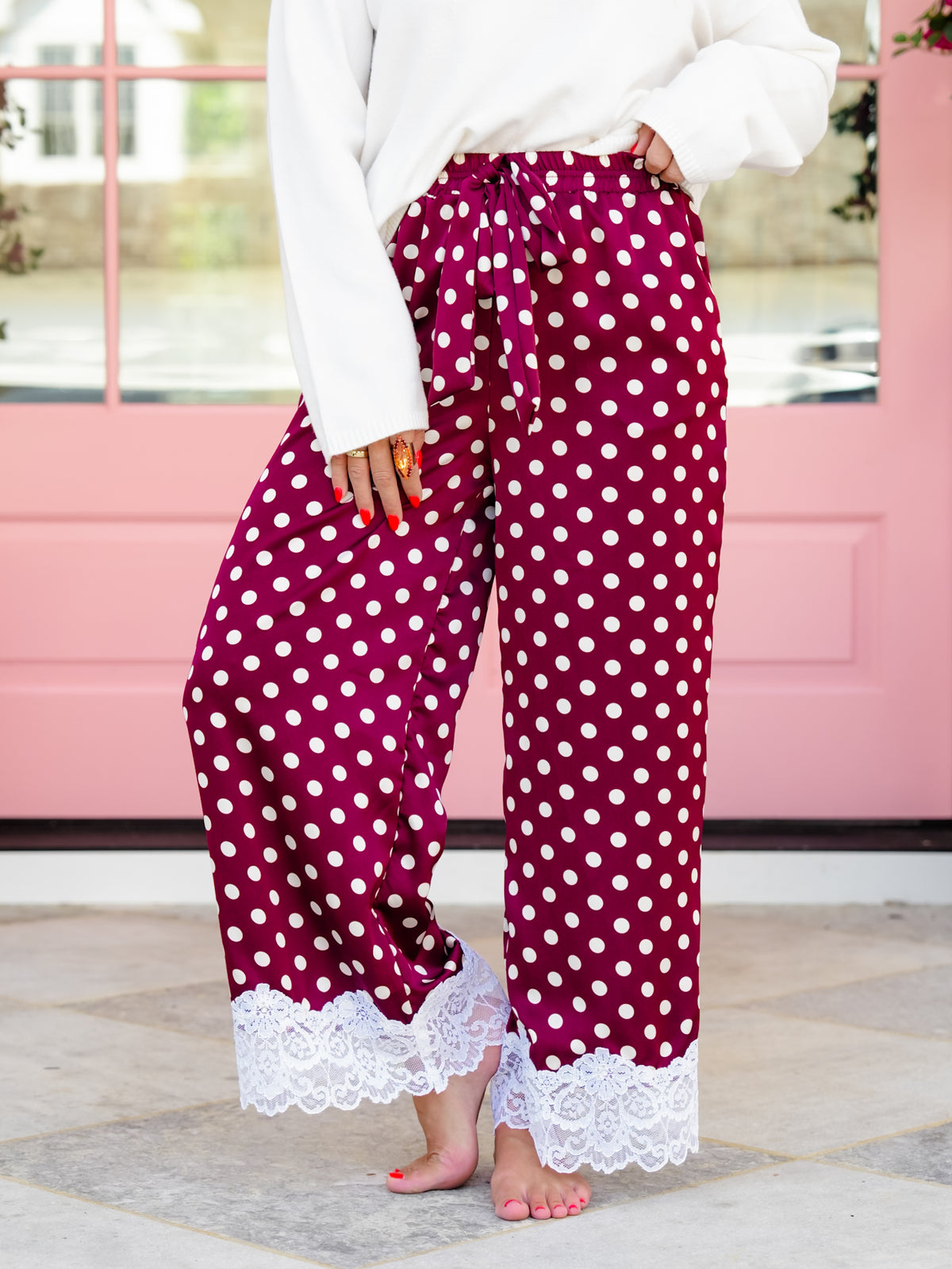 Plus/Reg Satin Polka Dot Elastic Waist Pants with Lace Hem