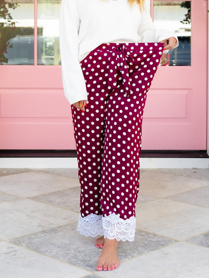 Plus/Reg Satin Polka Dot Elastic Waist Pants with Lace Hem
