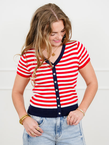 Americana Ribbed Short Sleeve Button Up Cardigan - Freckled Poppy