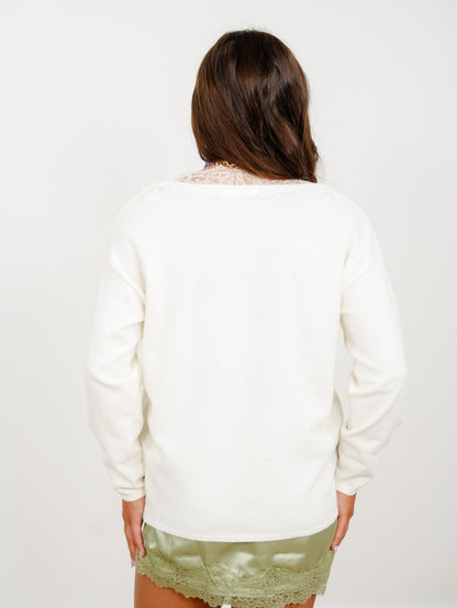 Lace Trim V-Neck Long Sleeve Lightweight Sweater Top