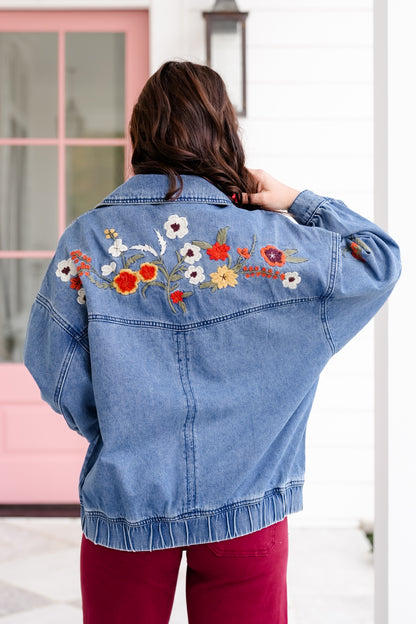 Floral Embroidered Long Sleeve Zip-Up Jacket - Freckled Poppy