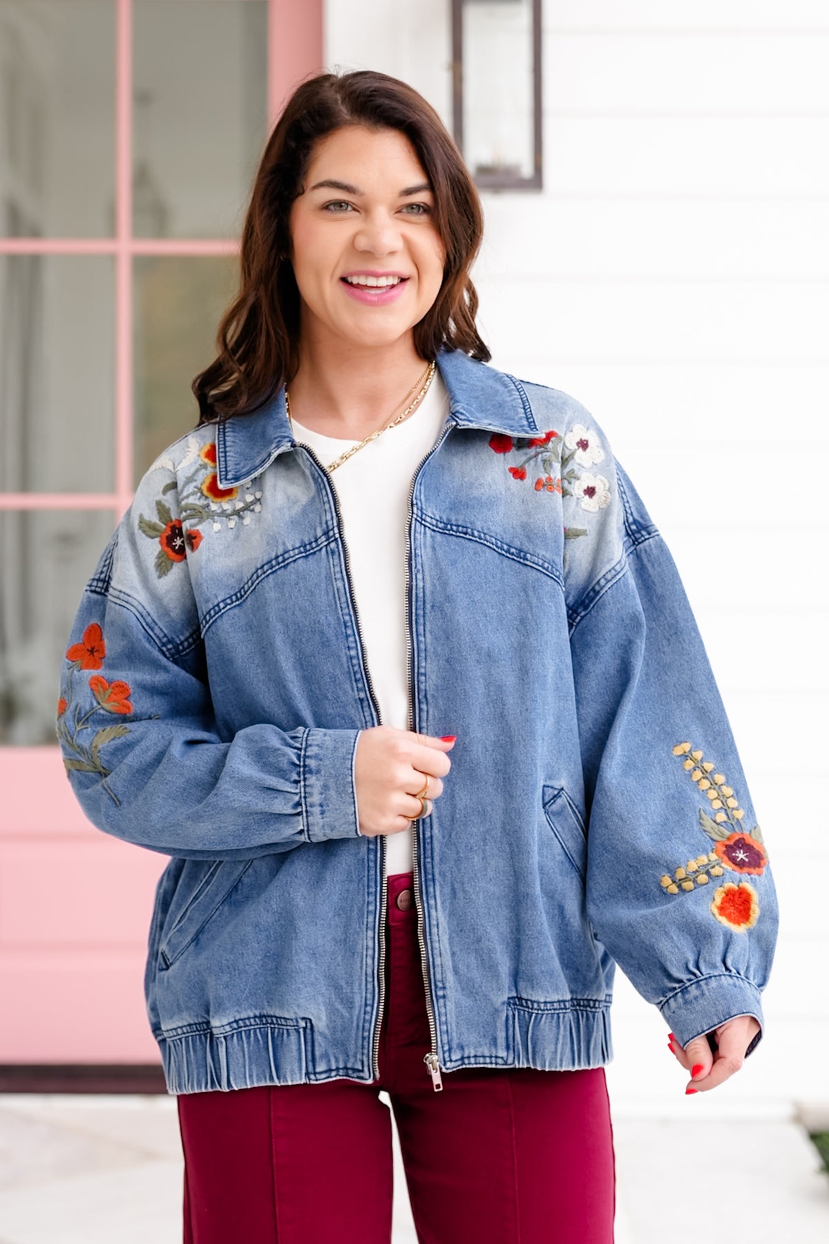 Floral Embroidered Long Sleeve Zip-Up Jacket - Freckled Poppy