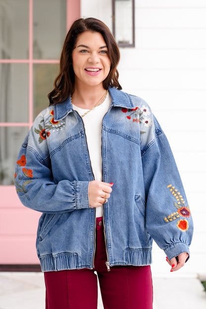 Floral Embroidered Long Sleeve Zip-Up Jacket - Freckled Poppy
