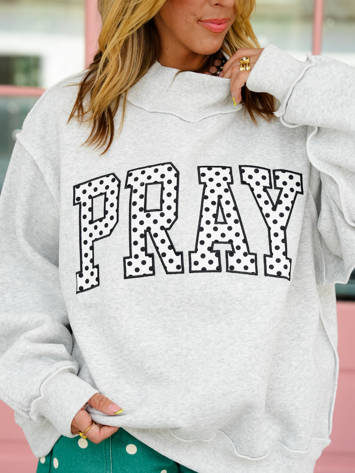 Long Sleeve Embroidered Polka Dot PRAY Mock Neck Sweatshirt - Freckled Poppy