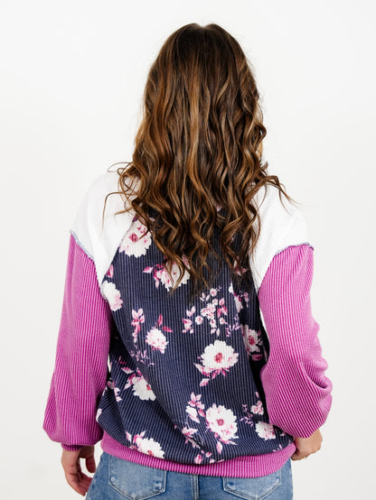 Plus/Reg Floral Body Print And Color Block Sleeves Rib Knit Sweatshirt - Freckled Poppy
