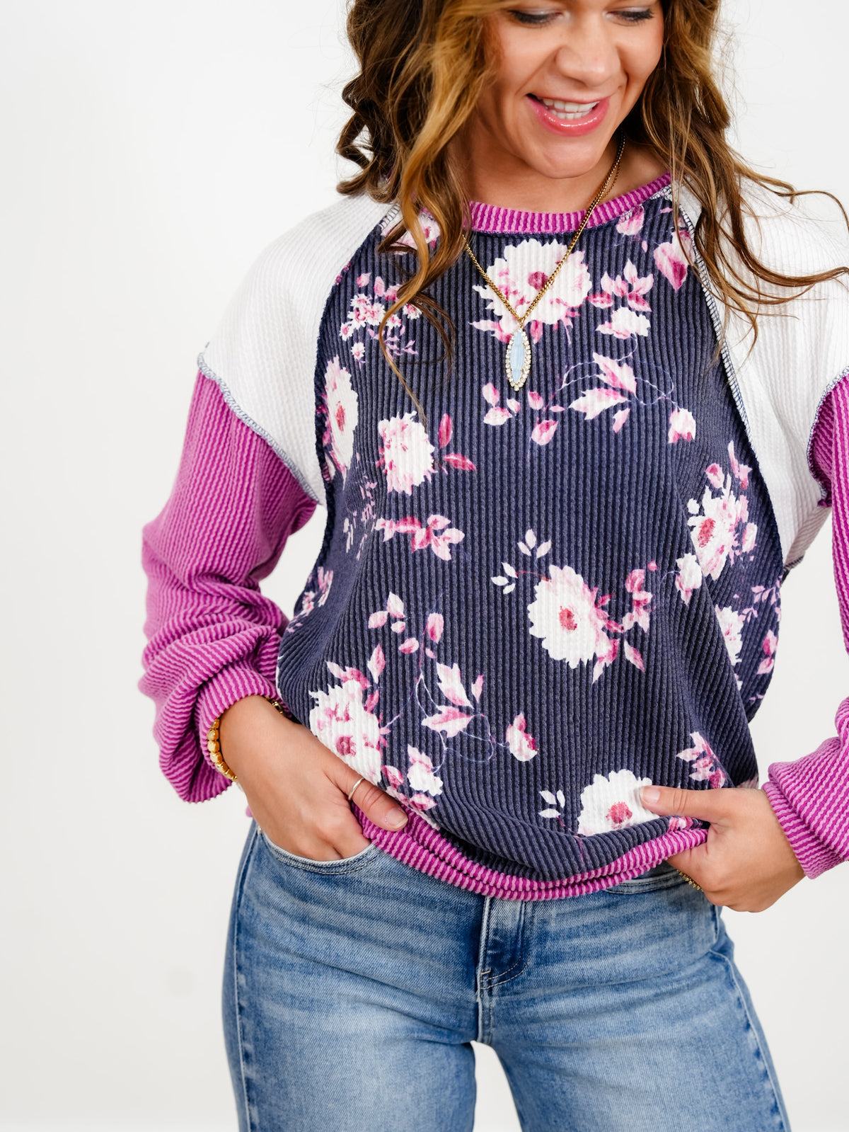 Plus/Reg Floral Body Print And Color Block Sleeves Rib Knit Sweatshirt - Freckled Poppy