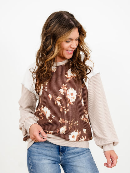 Plus/Reg Floral Body Print And Color Block Sleeves Rib Knit Sweatshirt - Freckled Poppy