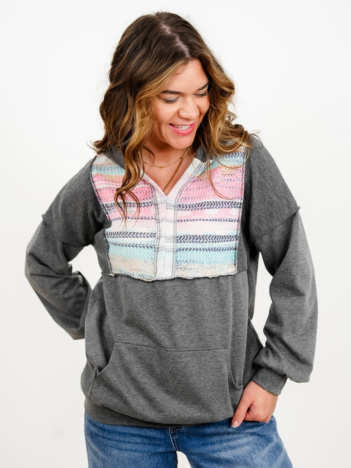 Plus/Reg Multi Color Contrast and Solid Knit Hoodie Top - Freckled Poppy