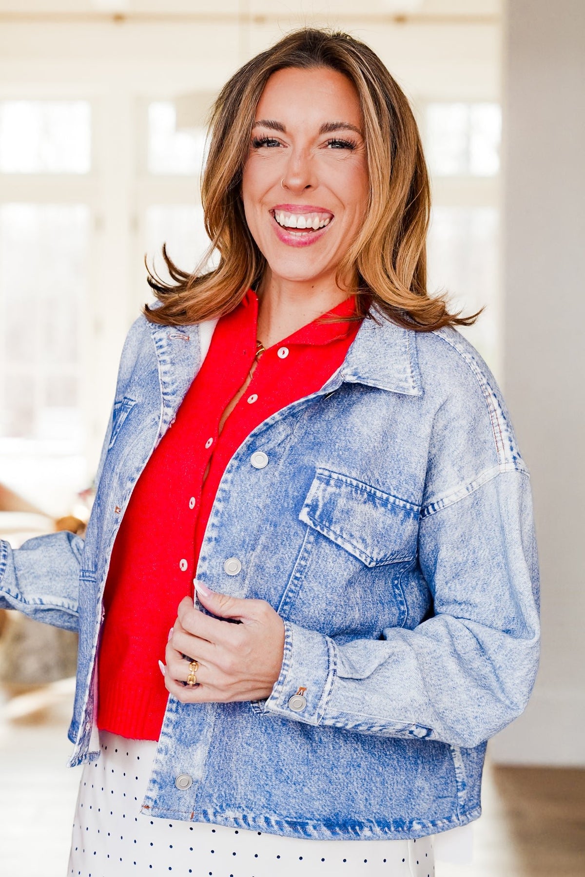 Acid Wash Print Long Sleeve Button Down Shacket - Freckled Poppy