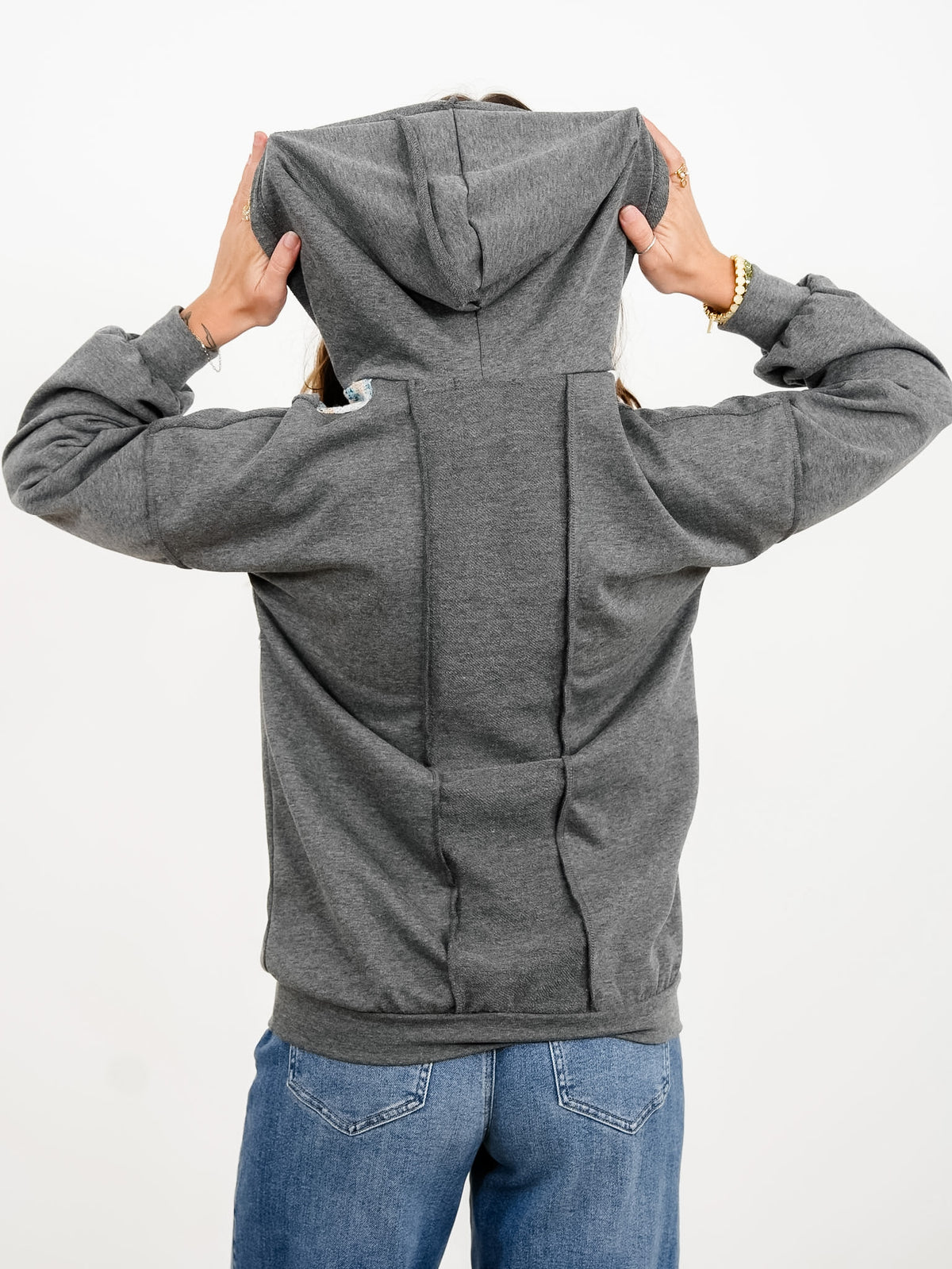 Plus/Reg Multi Color Contrast and Solid Knit Hoodie Top - Freckled Poppy