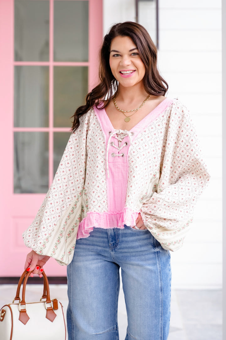 POL Floral Print Long Sleeve V-Neck Top - Freckled Poppy