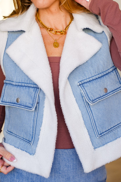Light Wash Sherpa Lined Vest with Front Pockets - Freckled Poppy