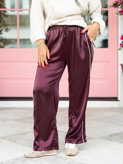 Contrast Piping Stripe Elastic Waist Satin Pants With Drawstring - Freckled Poppy