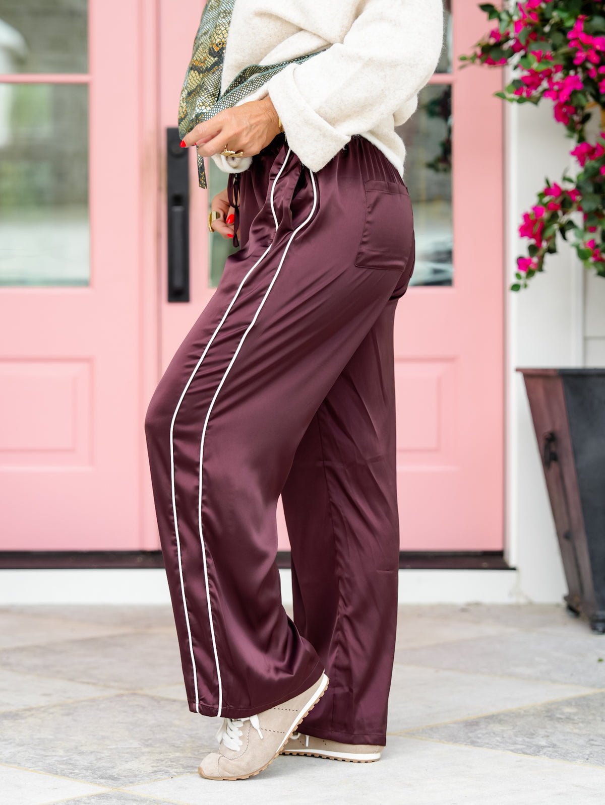 Contrast Piping Stripe Elastic Waist Satin Pants With Drawstring - Freckled Poppy