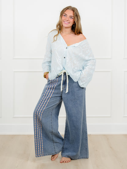 POL Embroidered Long Sleeve Button Up Top - Freckled Poppy