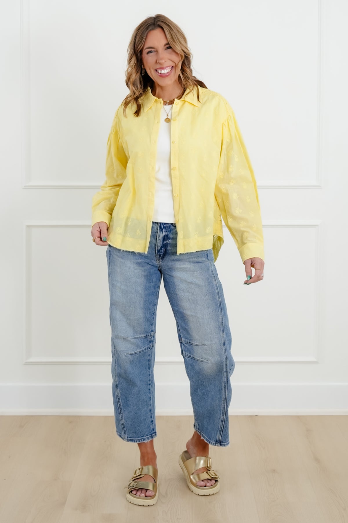 Eyelet Long Sleeve Button Down Top - Freckled Poppy