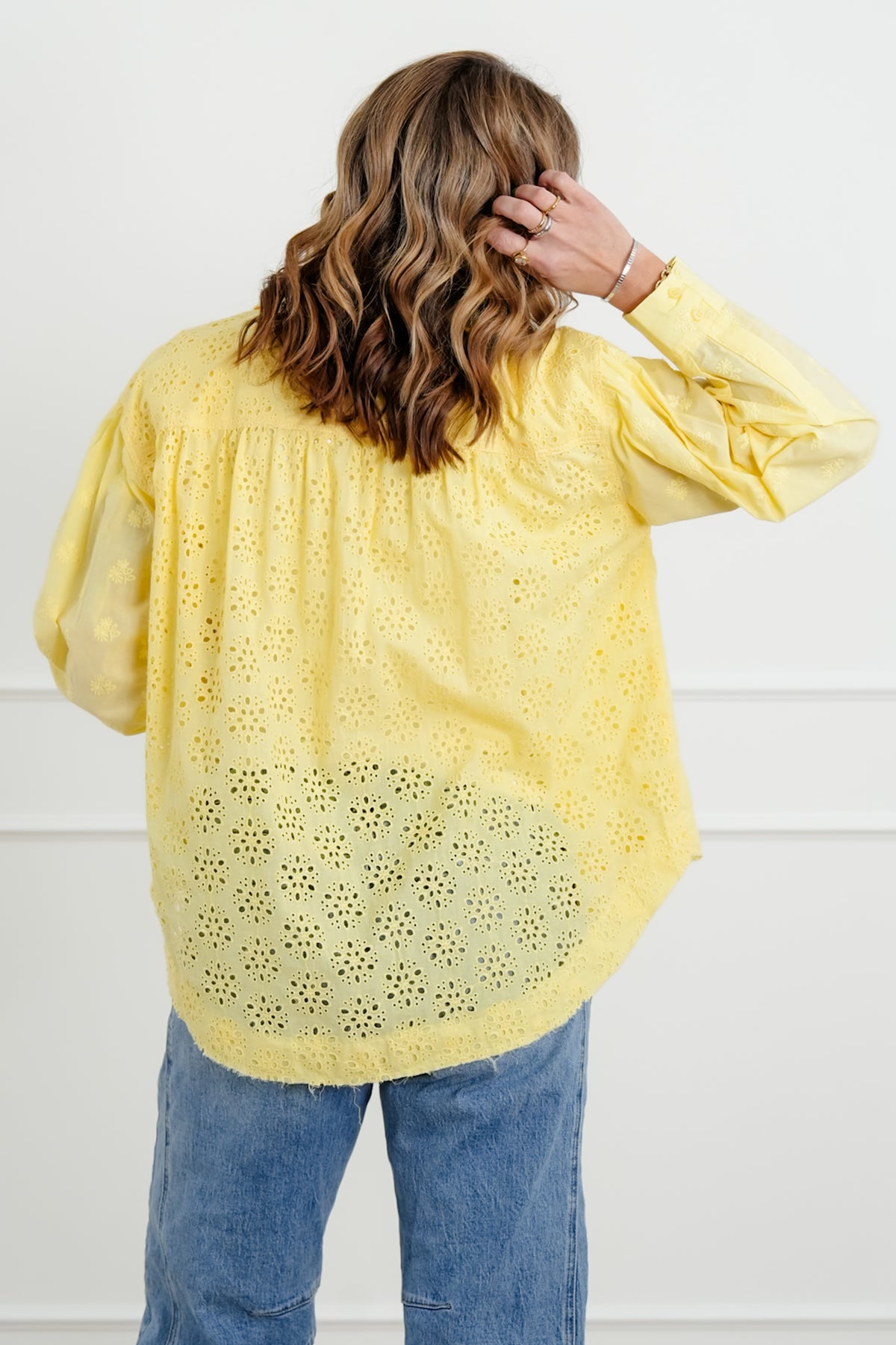 Eyelet Long Sleeve Button Down Top - Freckled Poppy