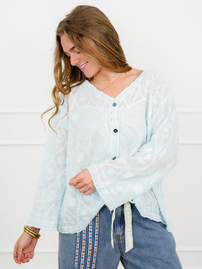 POL Embroidered Long Sleeve Button Up Top - Freckled Poppy