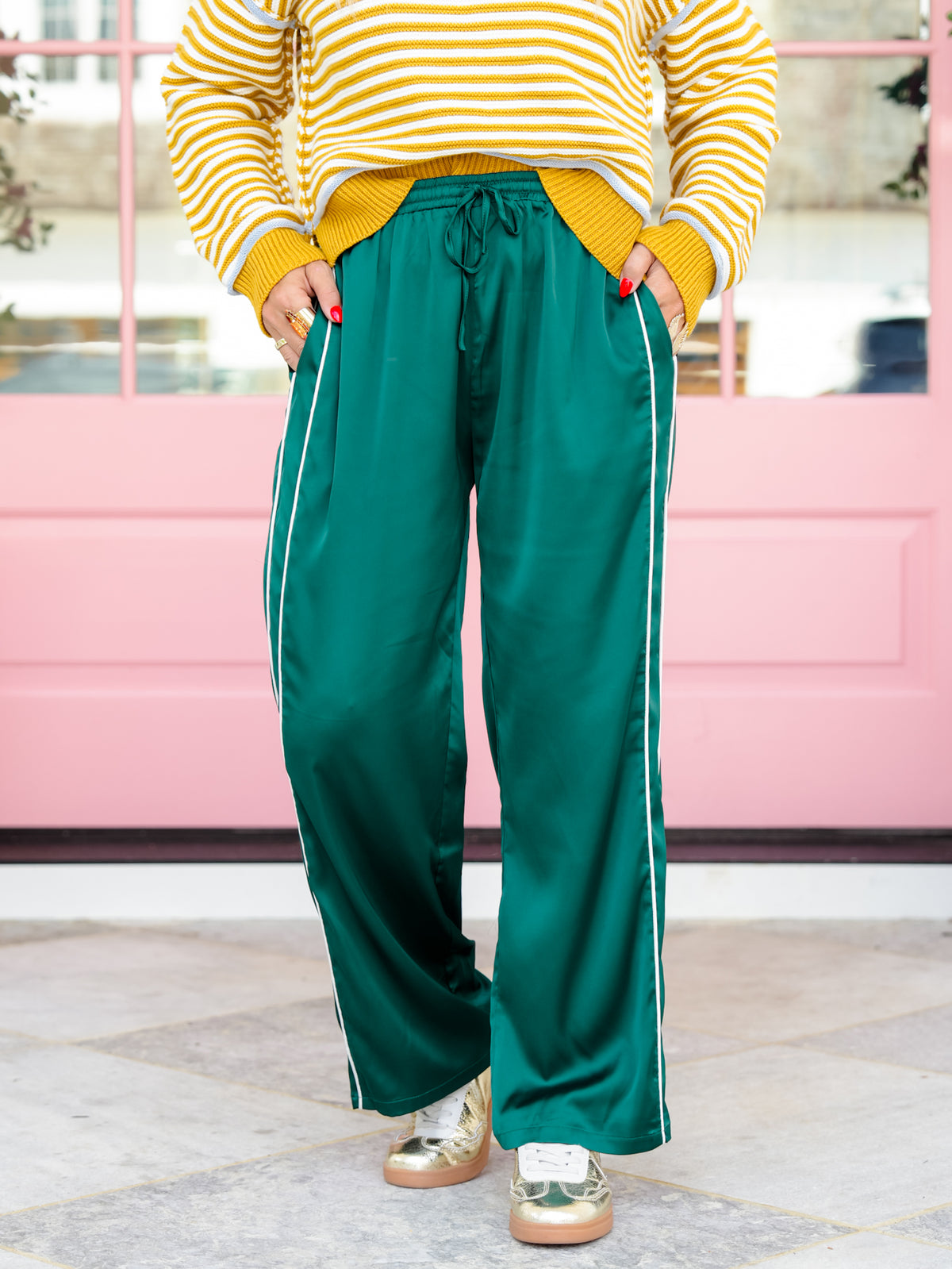 Contrast Piping Stripe Elastic Waist Satin Pants With Drawstring - Freckled Poppy