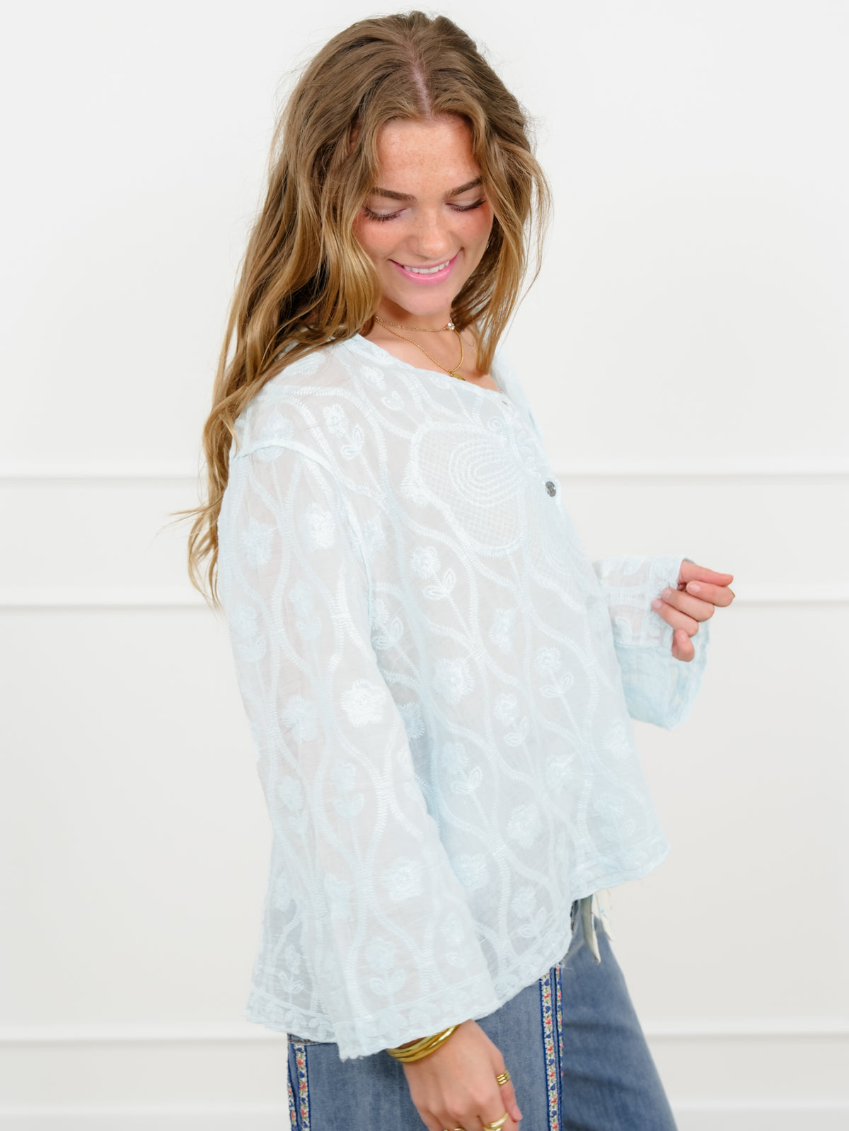 POL Embroidered Long Sleeve Button Up Top - Freckled Poppy