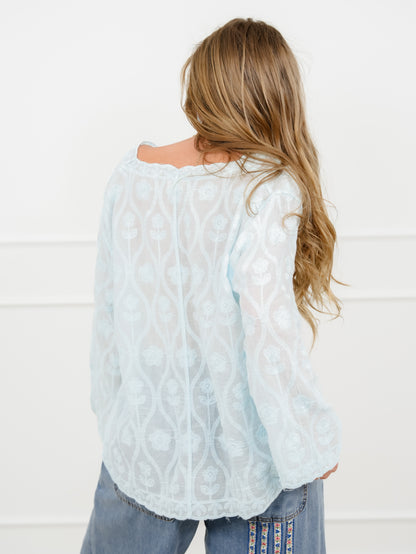POL Embroidered Long Sleeve Button Up Top - Freckled Poppy