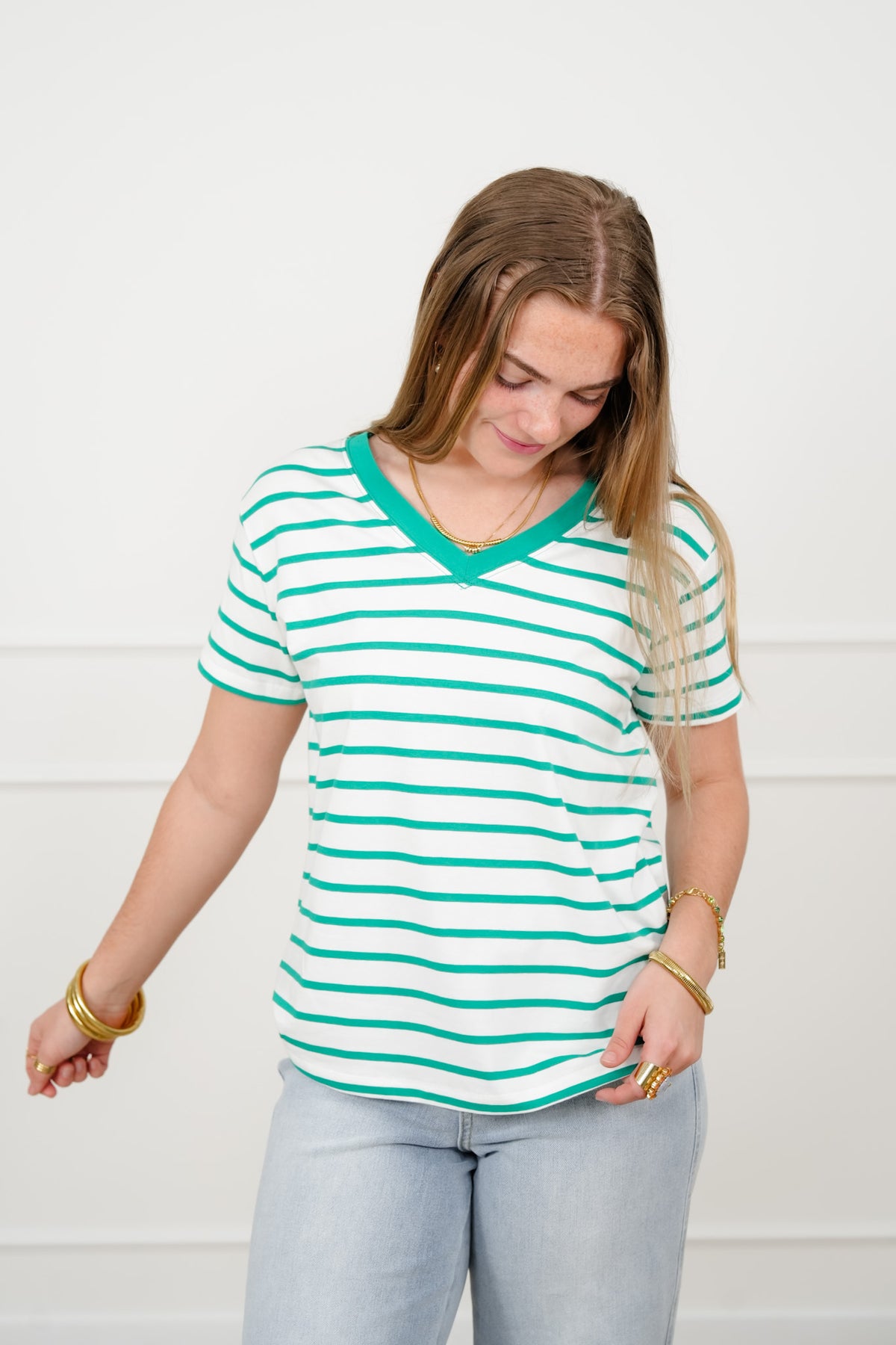 Door Buster! Plus/Reg Zenana Striped V Neck Tee Shirts - Freckled Poppy
