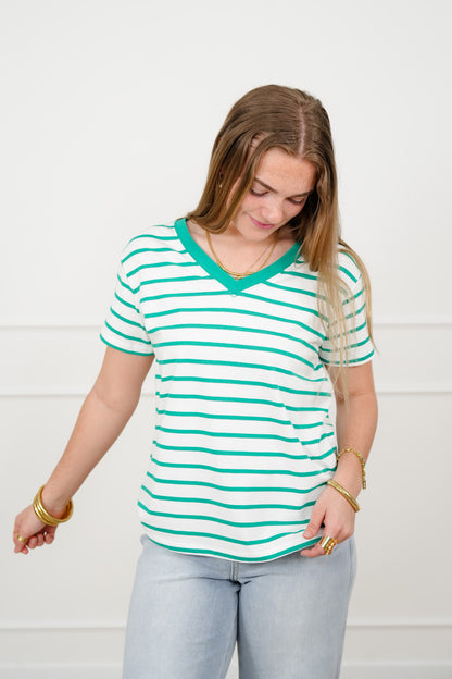 Door Buster! Plus/Reg Zenana Striped V Neck Tee Shirts - Freckled Poppy