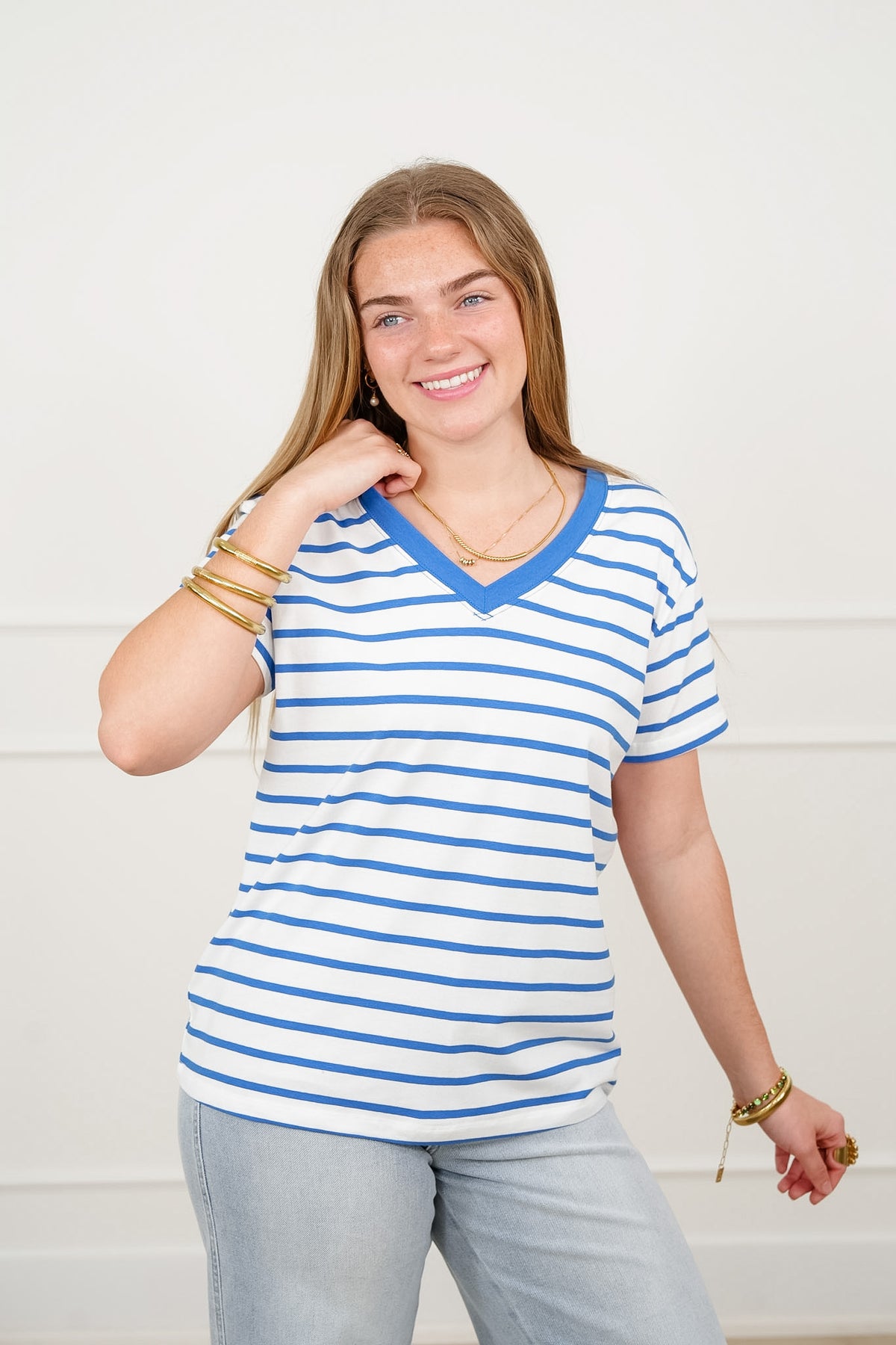 Door Buster! Plus/Reg Zenana Striped V Neck Tee Shirts - Freckled Poppy