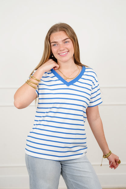 Door Buster! Plus/Reg Zenana Striped V Neck Tee Shirts - Freckled Poppy