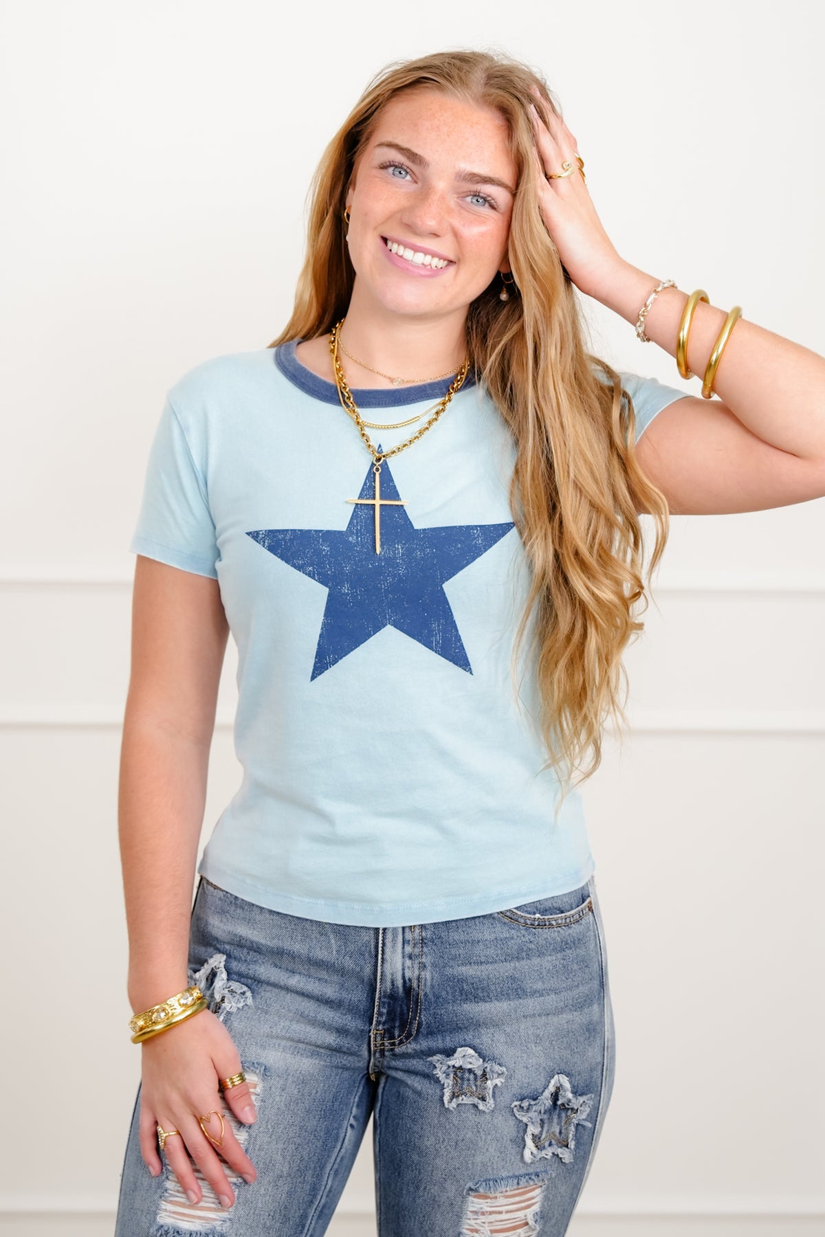 Blue Short Sleeve Star Print Top - Freckled Poppy
