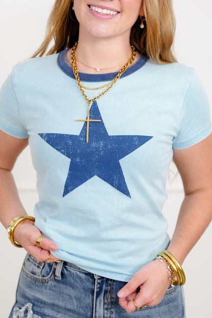 Blue Short Sleeve Star Print Top - Freckled Poppy