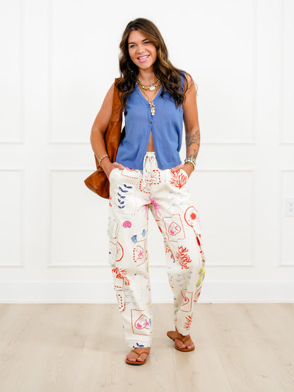 Plus/Reg Coastal Print Elastic Waist Pant with Cargo Pockets - Freckled Poppy