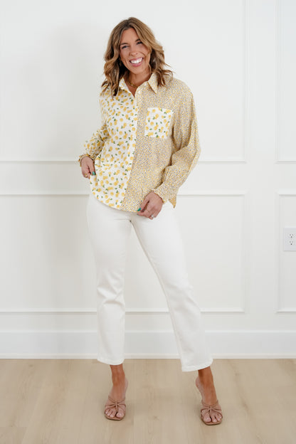 Lemon Print Long Sleeve Button Down Top - Freckled Poppy