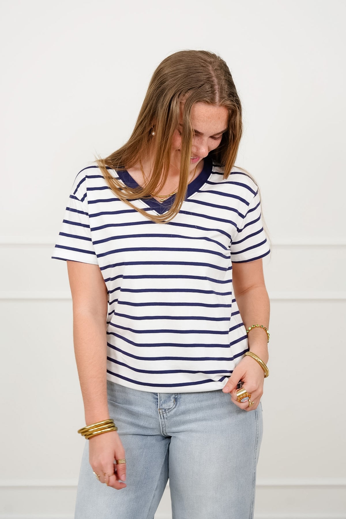Door Buster! Plus/Reg Zenana Striped V Neck Tee Shirts - Freckled Poppy