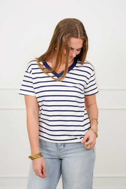 Door Buster! Plus/Reg Zenana Striped V Neck Tee Shirts - Freckled Poppy