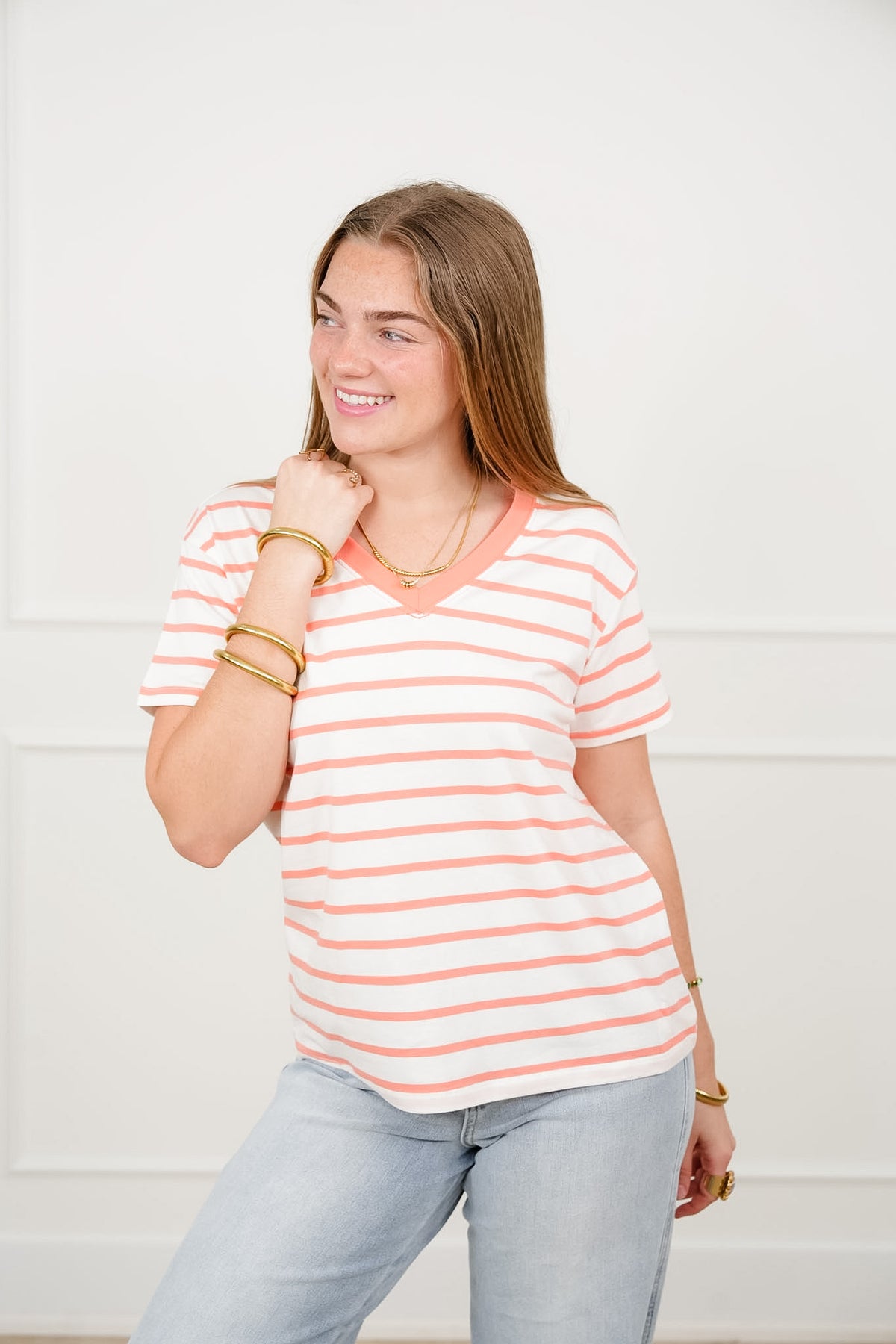 Door Buster! Plus/Reg Zenana Striped V Neck Tee Shirts - Freckled Poppy