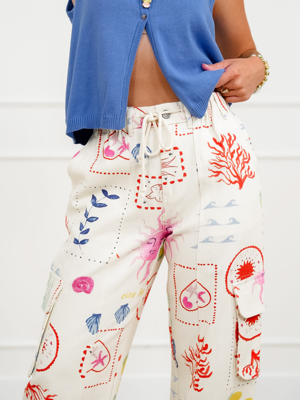 Plus/Reg Coastal Print Elastic Waist Pant with Cargo Pockets - Freckled Poppy