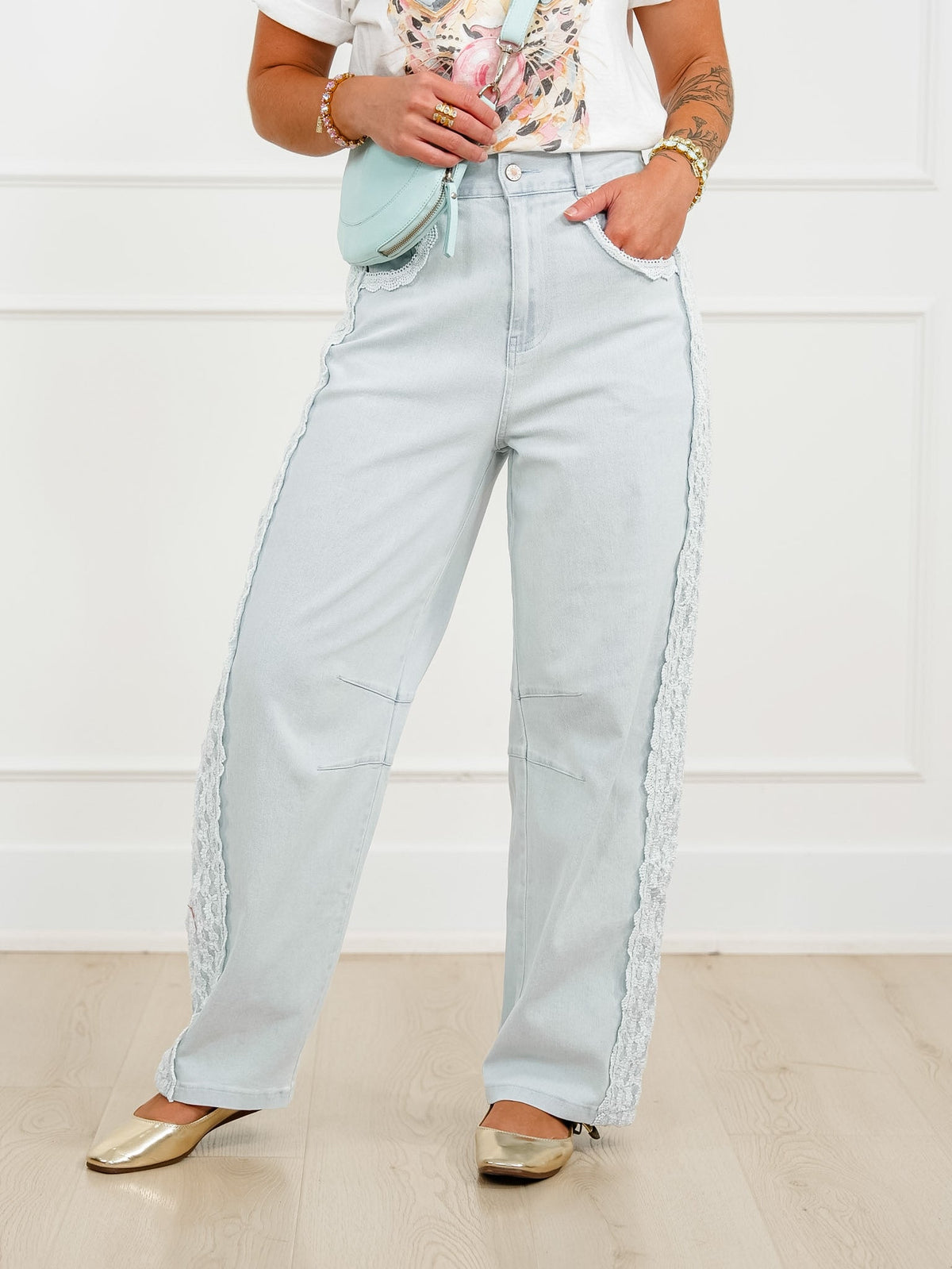 Plus/Reg Light Wash Barrel Pants with Lace Trim - Freckled Poppy