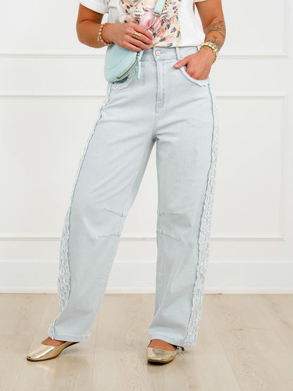 Plus/Reg Light Wash Barrel Pants with Lace Trim - Freckled Poppy