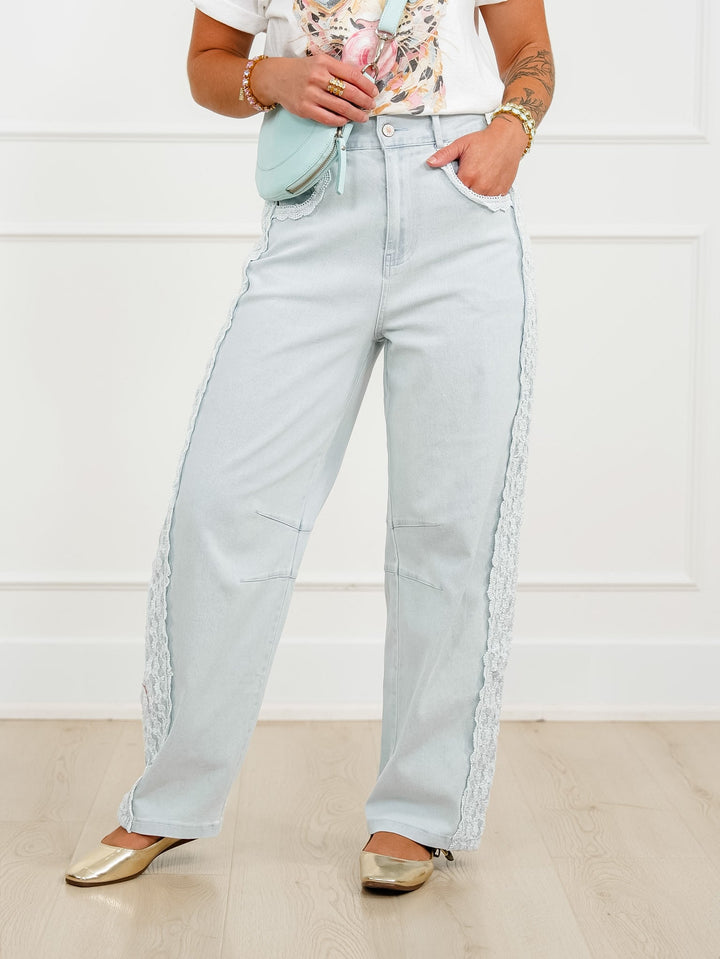 Plus/Reg Light Wash Barrel Pants with Lace Trim - Freckled Poppy