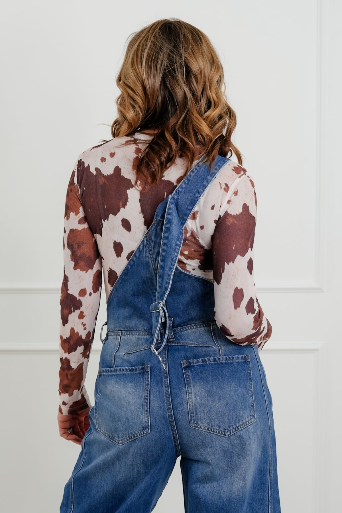 Plus/Reg Cow Print Long Sleeve Round Neck Mesh Top - Freckled Poppy