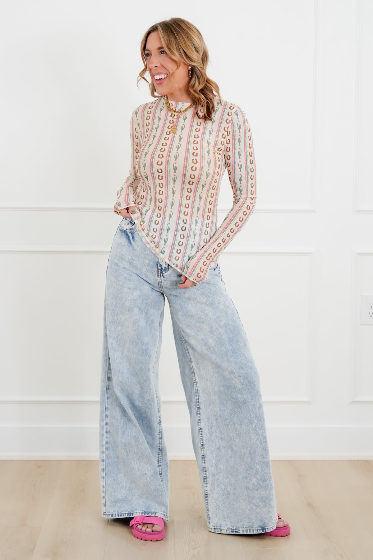 Plus/Reg Western Print Long Sleeve Mesh Top - Freckled Poppy