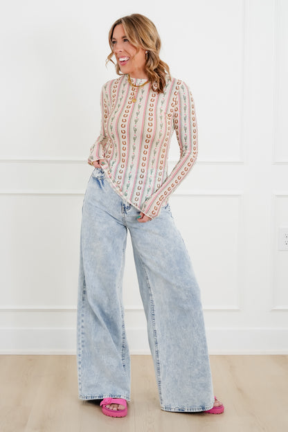 Plus/Reg Western Print Long Sleeve Mesh Top - Freckled Poppy
