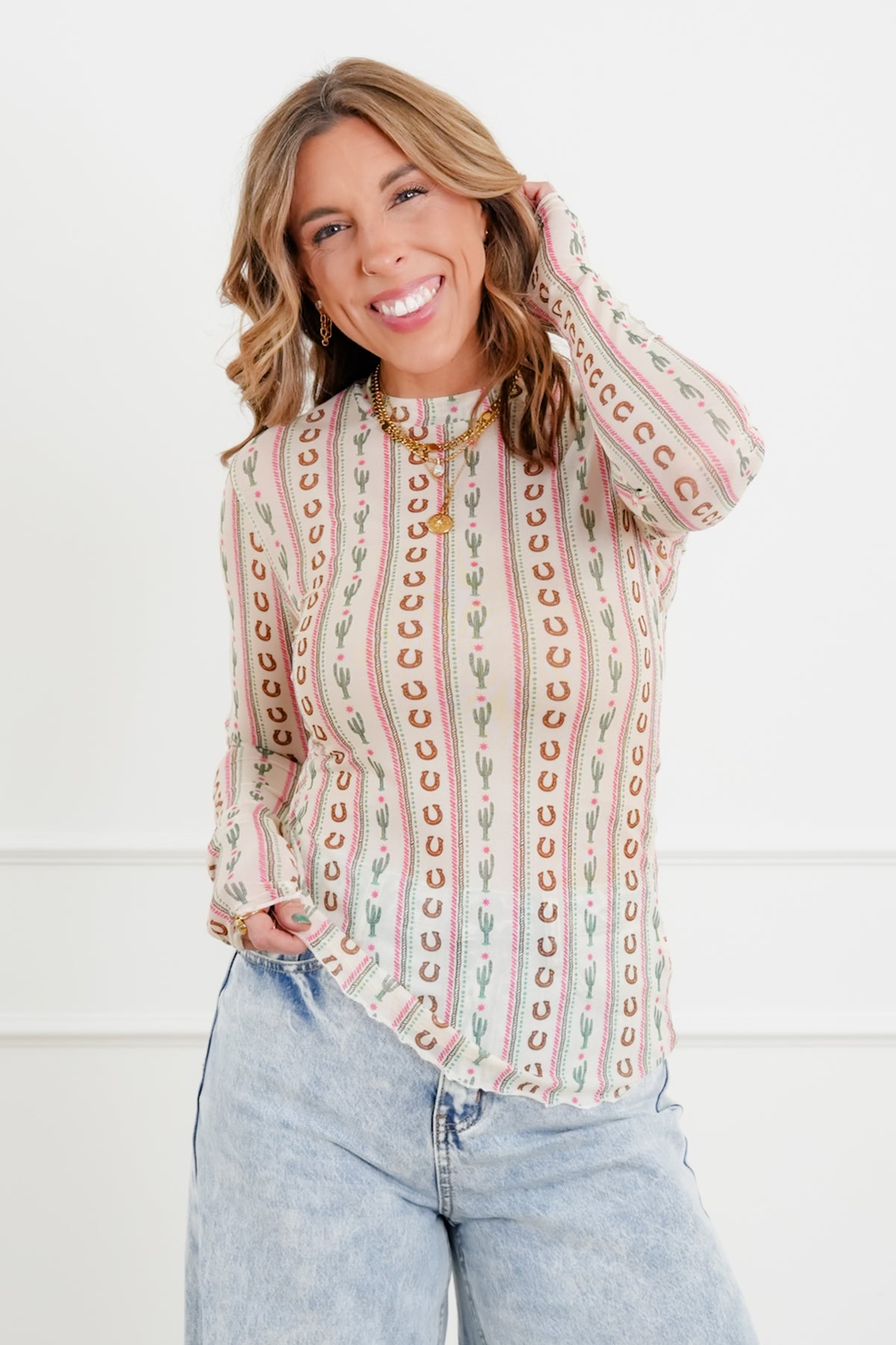 Plus/Reg Western Print Long Sleeve Mesh Top - Freckled Poppy