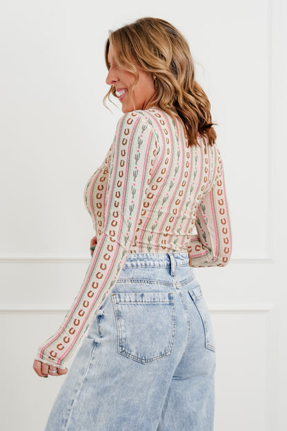 Plus/Reg Western Print Long Sleeve Mesh Top - Freckled Poppy