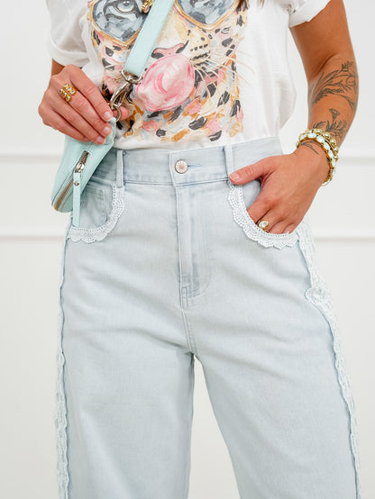 Plus/Reg Light Wash Barrel Pants with Lace Trim - Freckled Poppy