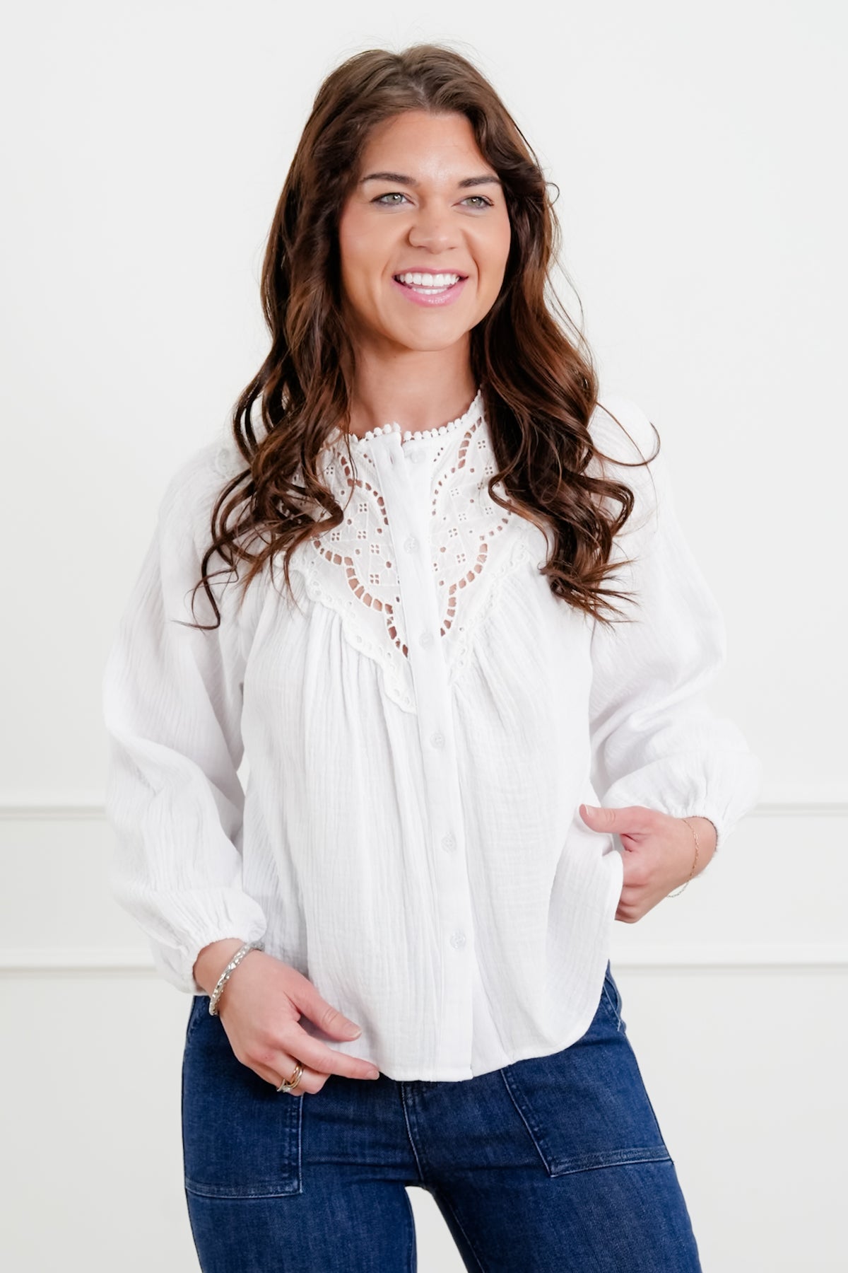 White Gauze Long Sleeve Button Down Top with Lace Trim - Freckled Poppy