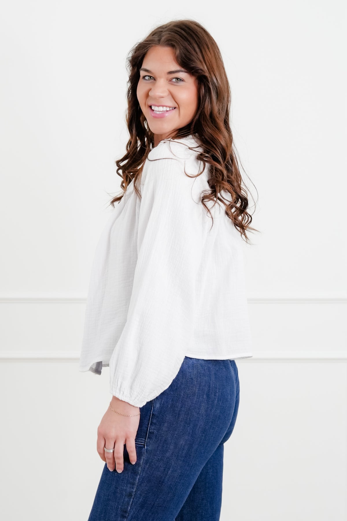 White Gauze Long Sleeve Button Down Top with Lace Trim - Freckled Poppy