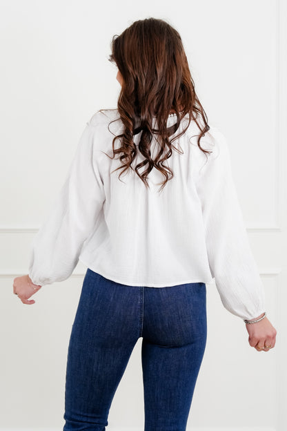 White Gauze Long Sleeve Button Down Top with Lace Trim - Freckled Poppy